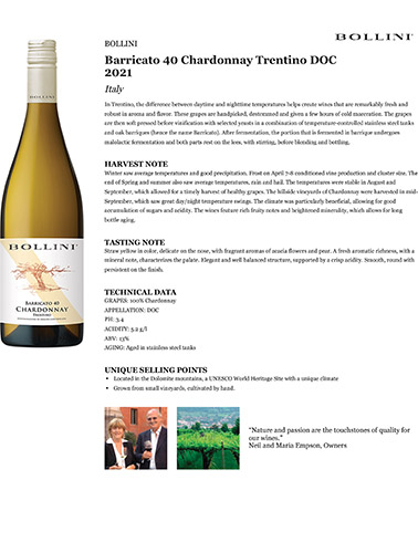 Barricato 40 Chardonnay Trentino DOC 2021 Fact Sheet