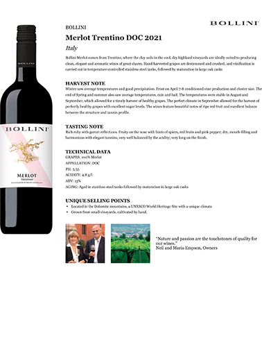 Merlot Trentino DOC 2021 Fact Sheet