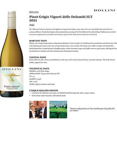 Pinot Grigio Vigneti delle Dolomiti IGT 2021 Fact Sheet