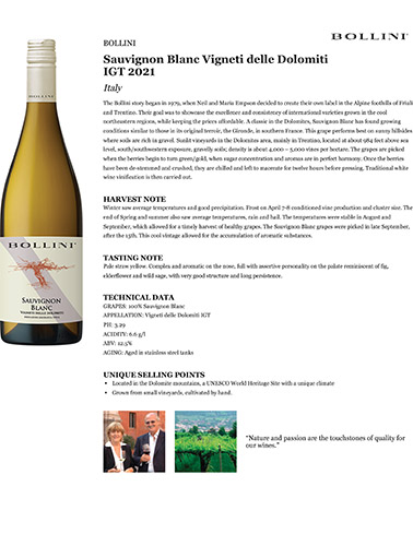 Sauvignon Blanc Vigneti delle Dolomiti IGT 2021 Fact Sheet