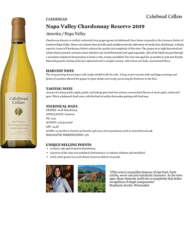 Napa Valley Chardonnay Reserve 2019 Fact Sheet