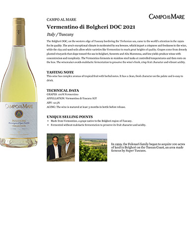 Vermentino di Bolgheri DOC 2021 Fact Sheet