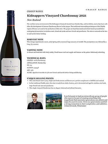 Kidnappers Vineyard Chardonnay 2021 Fact Sheet