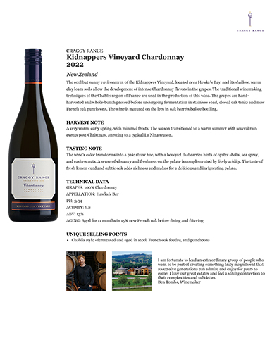 Kidnappers Vineyard Chardonnay 2022 Fact Sheet