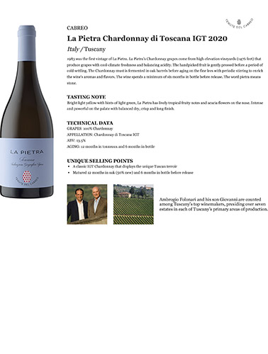 La Pietra Chardonnay di Toscana IGT 2020 Fact Sheet