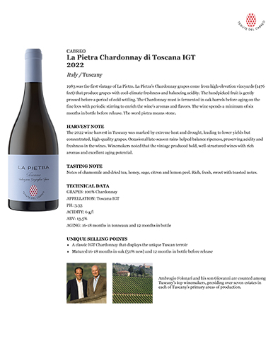 La Pietra Chardonnay di Toscana IGT 2022 Fact Sheet