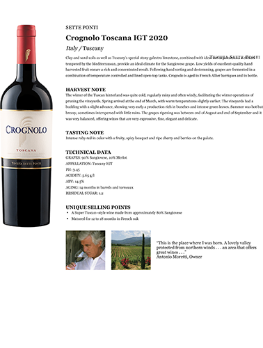 Crognolo Toscana IGT 2020 Fact Sheet