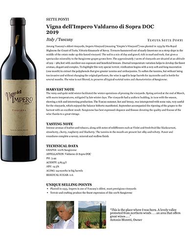 Vigna dell’Impero Valdarno di Sopra DOC 2019 Fact Sheet