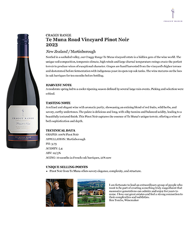 Te Muna Road Vineyard Pinot Noir 2023 Fact Sheet