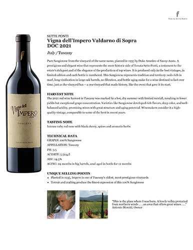 Vigna dell’Impero Valdarno di Sopra DOC 2021 Fact Sheet