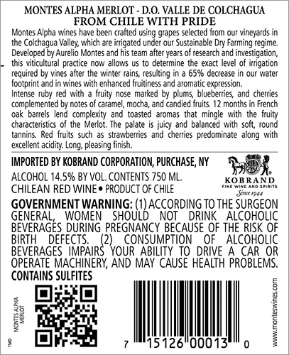 Alpha Merlot 2019 Back Label