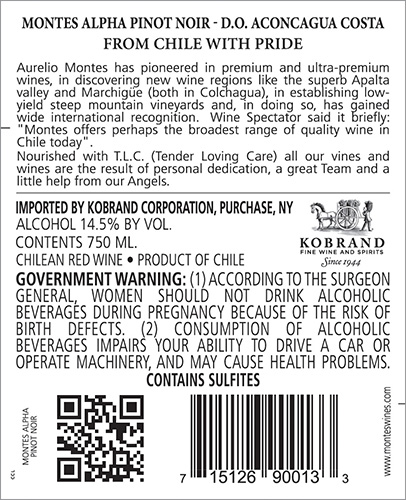Alpha Pinot Noir 2020 Back Label