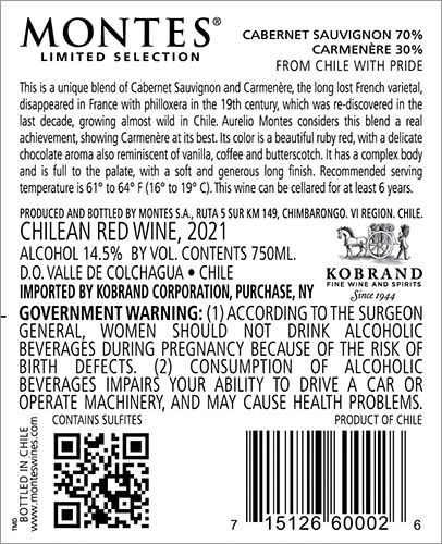 Limited Selection Cabernet Sauvignon-Carmenère 2021 Back Label