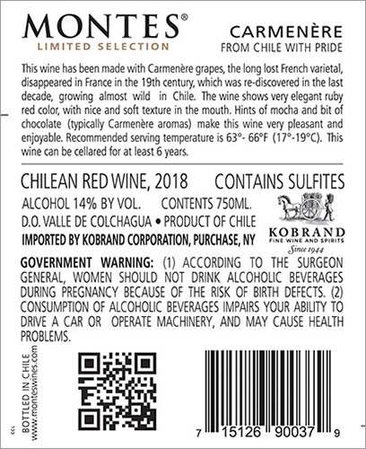 Limited Selection Carmenere 2018 Back Label