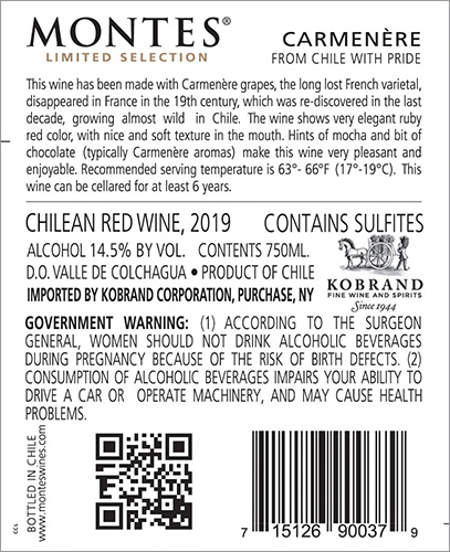Limited Selection Carmenere 2019 Back Label