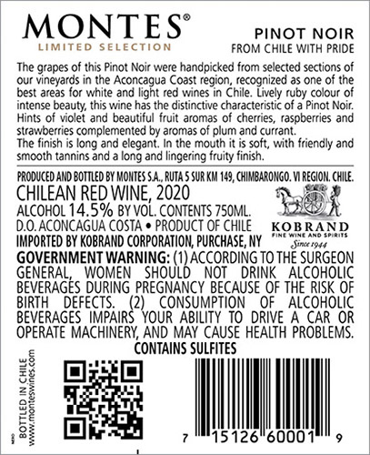 Limited Selection Pinot Noir 2020 Back Label