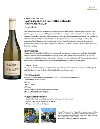 Les Cassagnes de La Nerthe Côtes du Rhône Blanc 2024 Fact Sheet