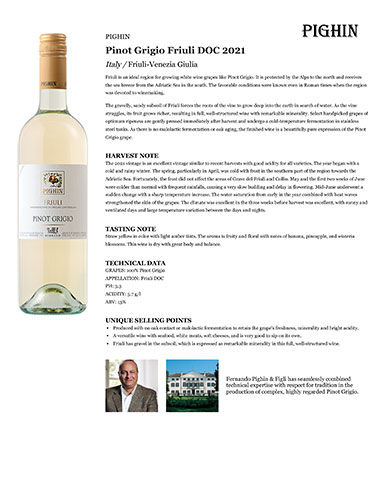 Pinot Grigio Friuli DOC 2021 Fact Sheet