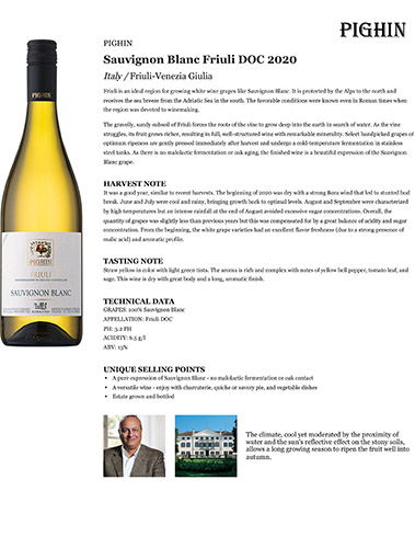 Sauvignon Blanc Friuli DOC 2020 Fact Sheet