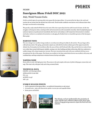 Sauvignon Blanc Friuli DOC 2021 Fact Sheet