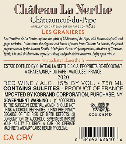 Les Granières Châteauneuf-du-Pape 2020 Back Label