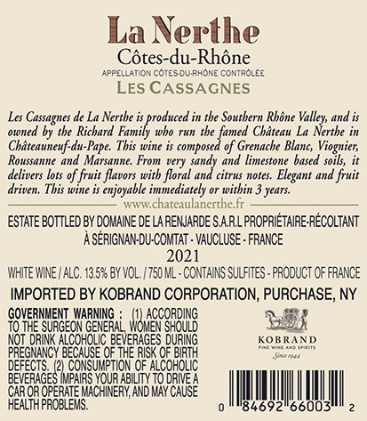 Les Cassagnes de La Nerthe Côtes du Rhône Blanc 2021 Back Label