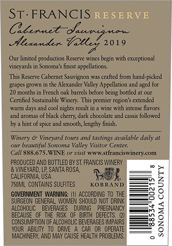 Reserve Cabernet Sauvignon 2019 Back Label