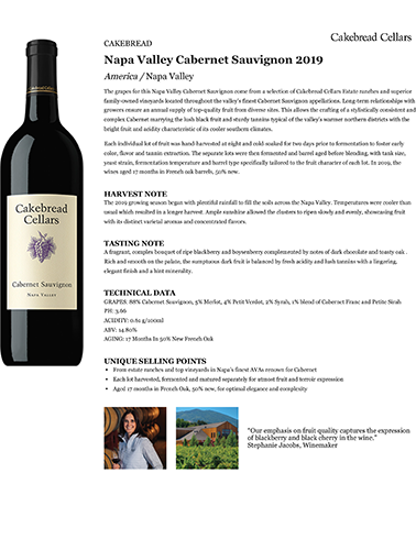 Napa Valley Cabernet Sauvignon 2019 Fact Sheet
