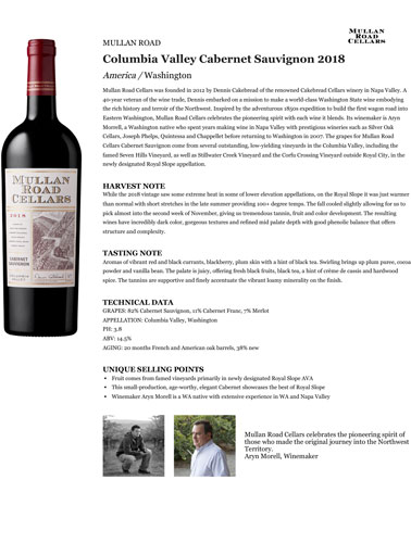 Columbia Valley Cabernet Sauvignon 2018 Fact Sheet