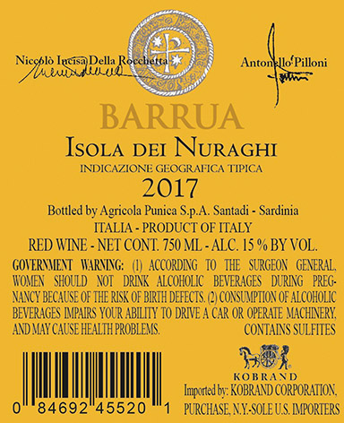 Barrua Isola dei Nuraghi IGT 2017 Back Label