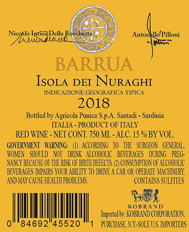 Barrua Isola dei Nuraghi IGT 2018 Back Label