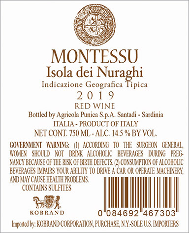 Montessu Isola dei Nuraghi IGT 2019 Back Label