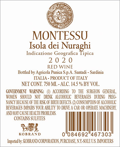 Montessu Isola dei Nuraghi IGT 2020 Back Label