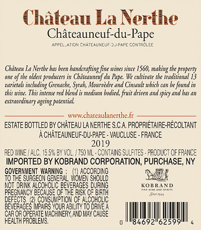 Châteauneuf-du-Pape Rouge 2019 Back Label
