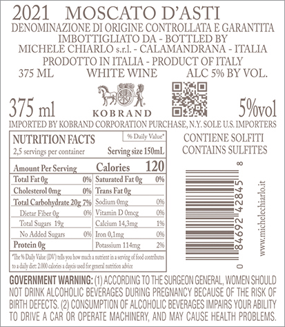 Nivole Moscato d’Asti DOCG 2021 Back Label (375ml)