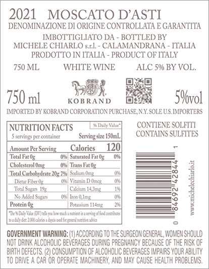 Nivole Moscato d’Asti DOCG 2021 Back Label (750ml)