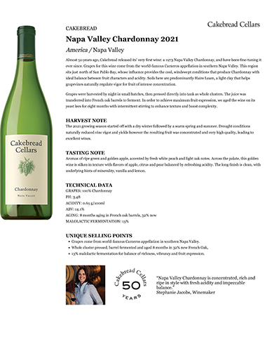Napa Valley Chardonnay 2021 Fact Sheet