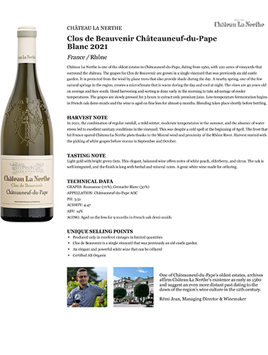 Clos de Beauvenir Châteauneuf-du-Pape Blanc 2021 Fact Sheet
