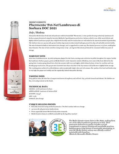 Phermento ‘Pet-Net’Lambrusco di Sorbara DOC  2021 Fact Sheet