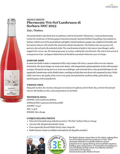 Phermento ‘Pet-Net’Lambrusco di Sorbara DOC 2023 Fact Sheet