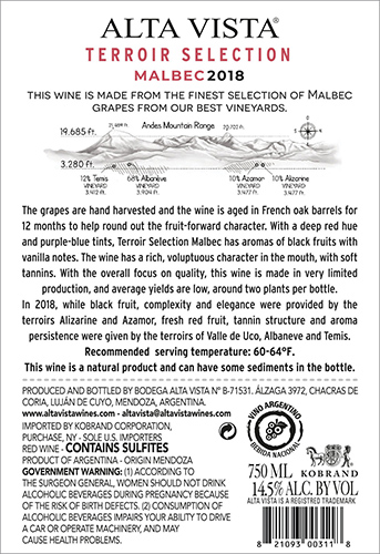 Terroir Selection Malbec 2018 Back Label