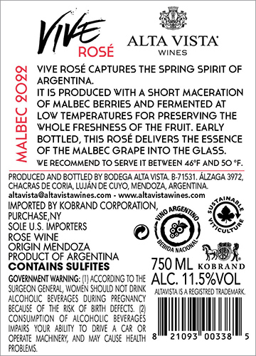 Vive Malbec Rosé 2022 Back Label