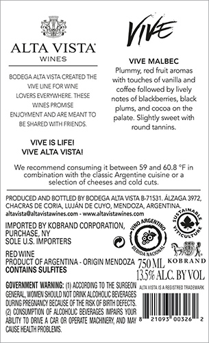 Vive Malbec 2021 Back Label