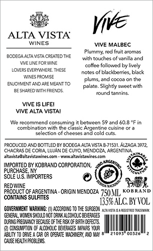 Vive Malbec 2022 Back Label
