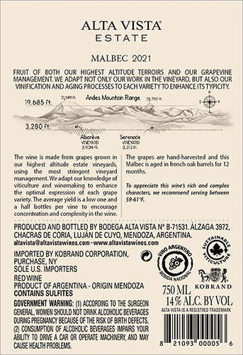 Estate Malbec 2021 Back Label