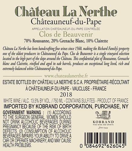 Clos de Beauvenir Châteauneuf-du-Pape Blanc 2018 Back Label