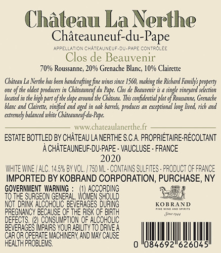 Clos de Beauvenir Châteauneuf-du-Pape Blanc 2020 Back Label