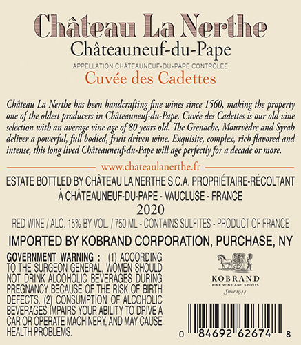 Cuvée des Cadettes Châteauneuf-du-Pape Rouge 2020 Back Label