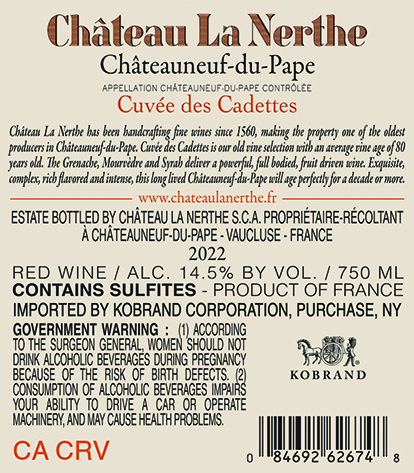 Cuvée des Cadettes Châteauneuf-du-Pape Rouge 2022 Back Label