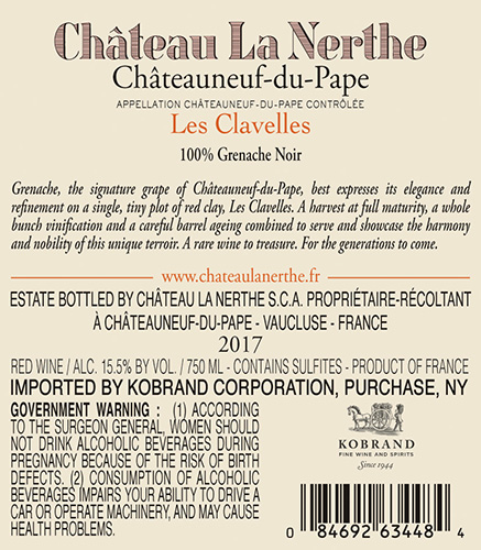 Les Clavelles Châteauneuf-du-Pape Rouge 2017 Back Label